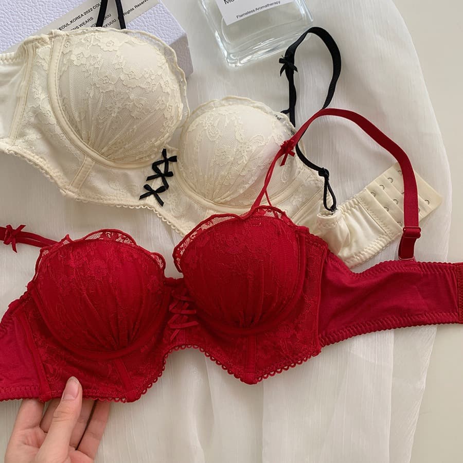 Sweet French Lace Red Zodiac Year Underwear for Women Wire-Free Anti-Sagging Small Chest Push-Up Lift Enlarging Bra