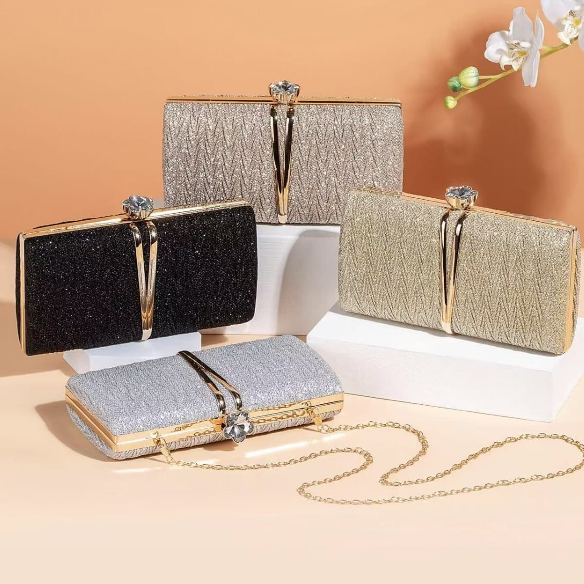 Cross-border Supply European and American Women's Fashion Crinkled Clutch, Shimmering Elegant Dress Evening Bag with Shoulder Strap