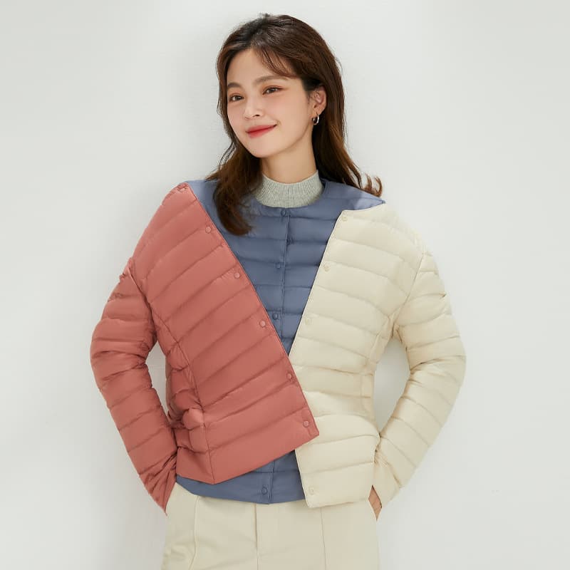 Lightweight Slim Fit Short down Jacket Women's White Duck Feather V-Neck round Neck Two-Way Wear Large Size Commute Style