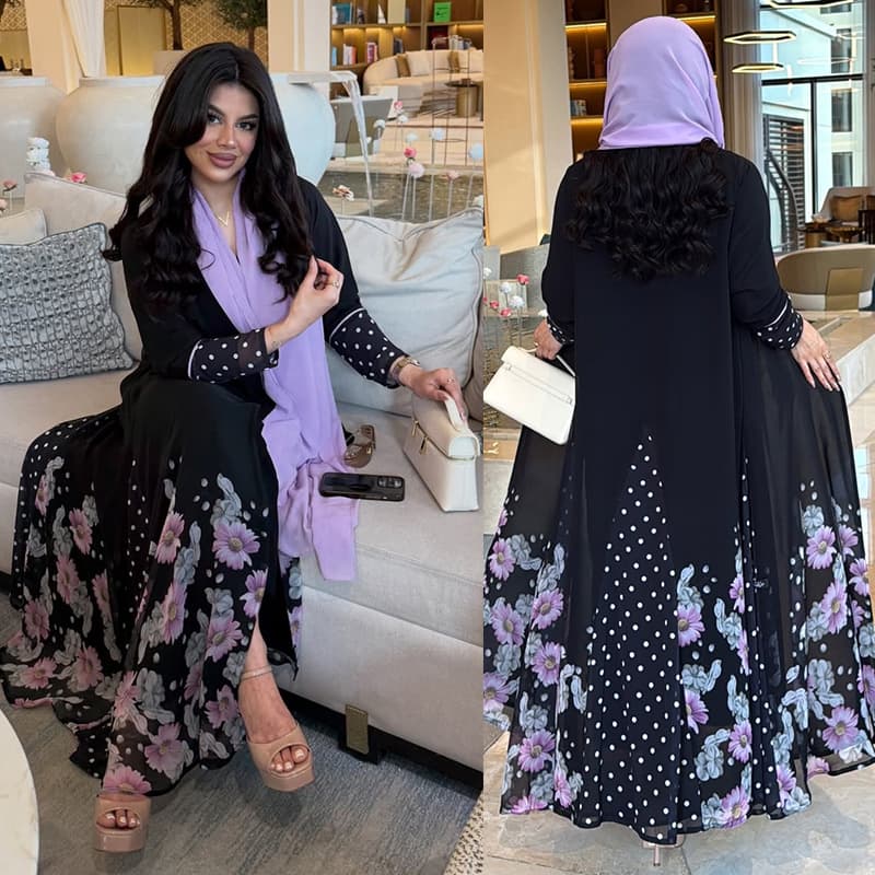 MQ293 Modest Women's Chiffon Printed Jacket Long Dress Robe Cardigan with Lining, Headscarf Sold Separately