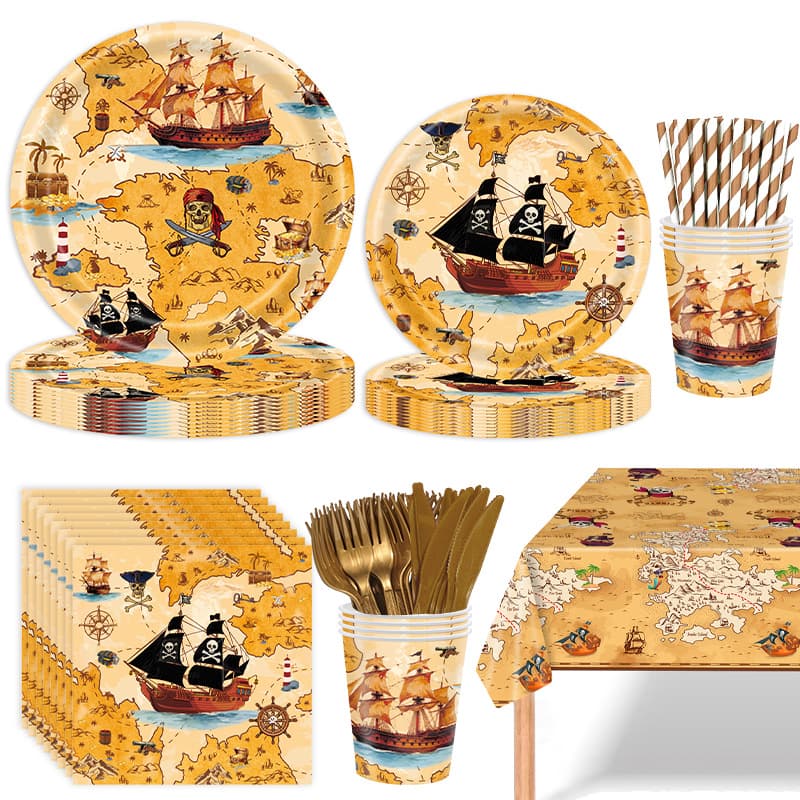 Retro Treasure Map Pirate Ship Party Set Children's Pirate Themed Birthday Supplies Boys Birthday Arrangement Set
