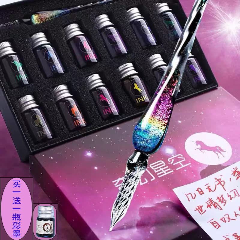 Glass pen dip pen gift box with silver foil crystal set, viral TikTok creative colored ink dip pen