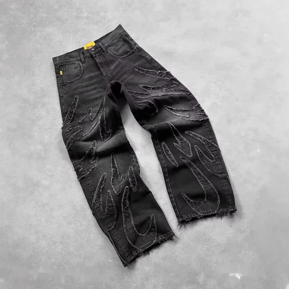 Harajuku Vintage Bat Pattern Embroidered Loose Jeans Men's Street Y2K Pants Casual Relaxed Fit Denim