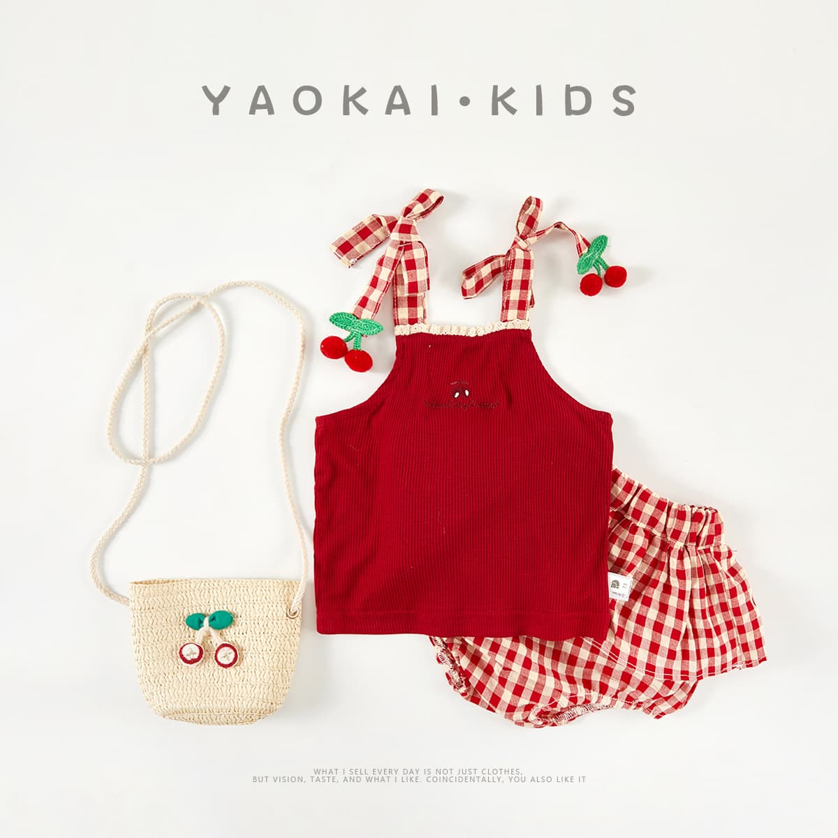 Korean style baby clothes suspenders summer cute set baby girl suit cherry summer bag fart three-piece set thin section
