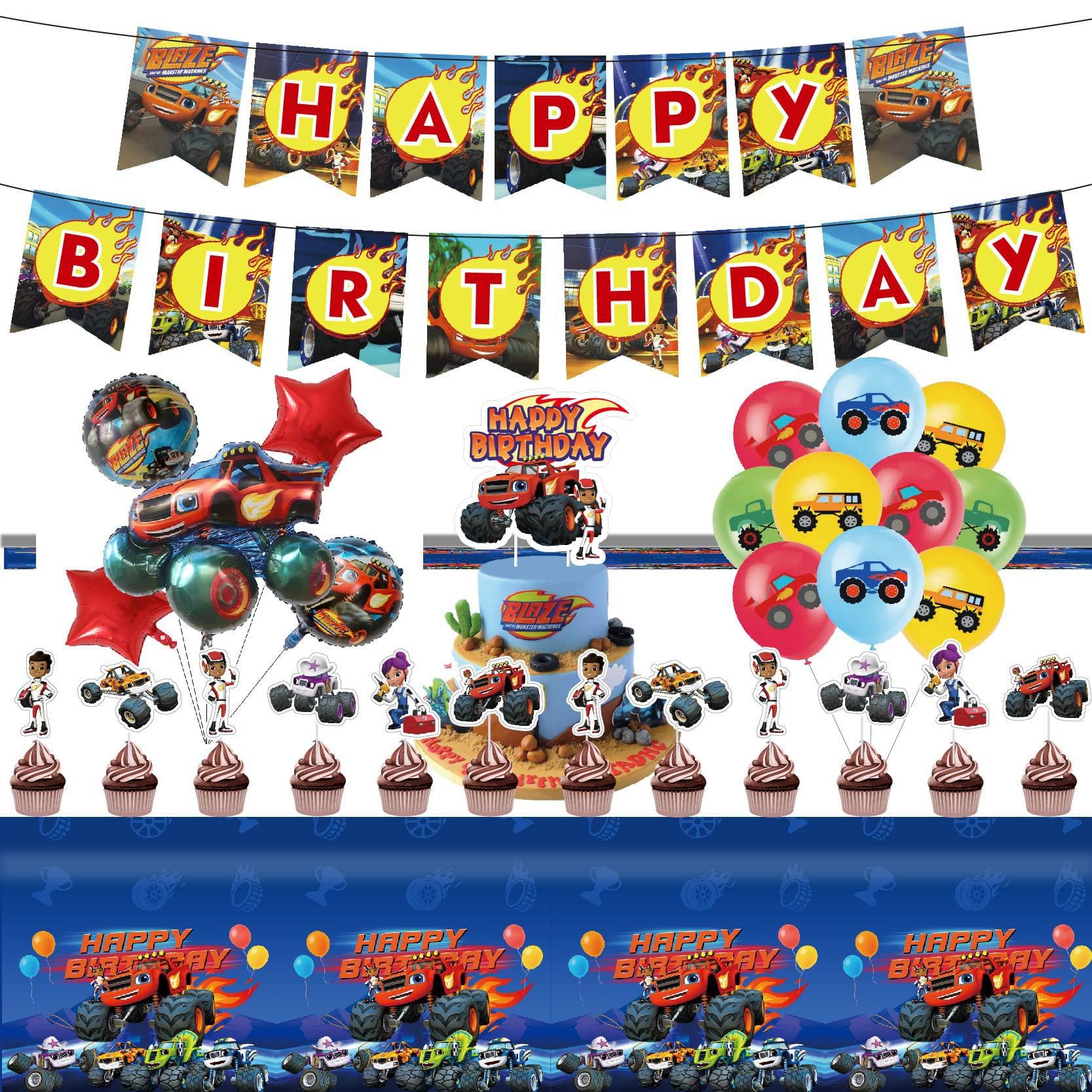 Monster Truck Birthday Party Set Flame Chariot Flag Cake Tablecloth Balloon Decoration Supplies