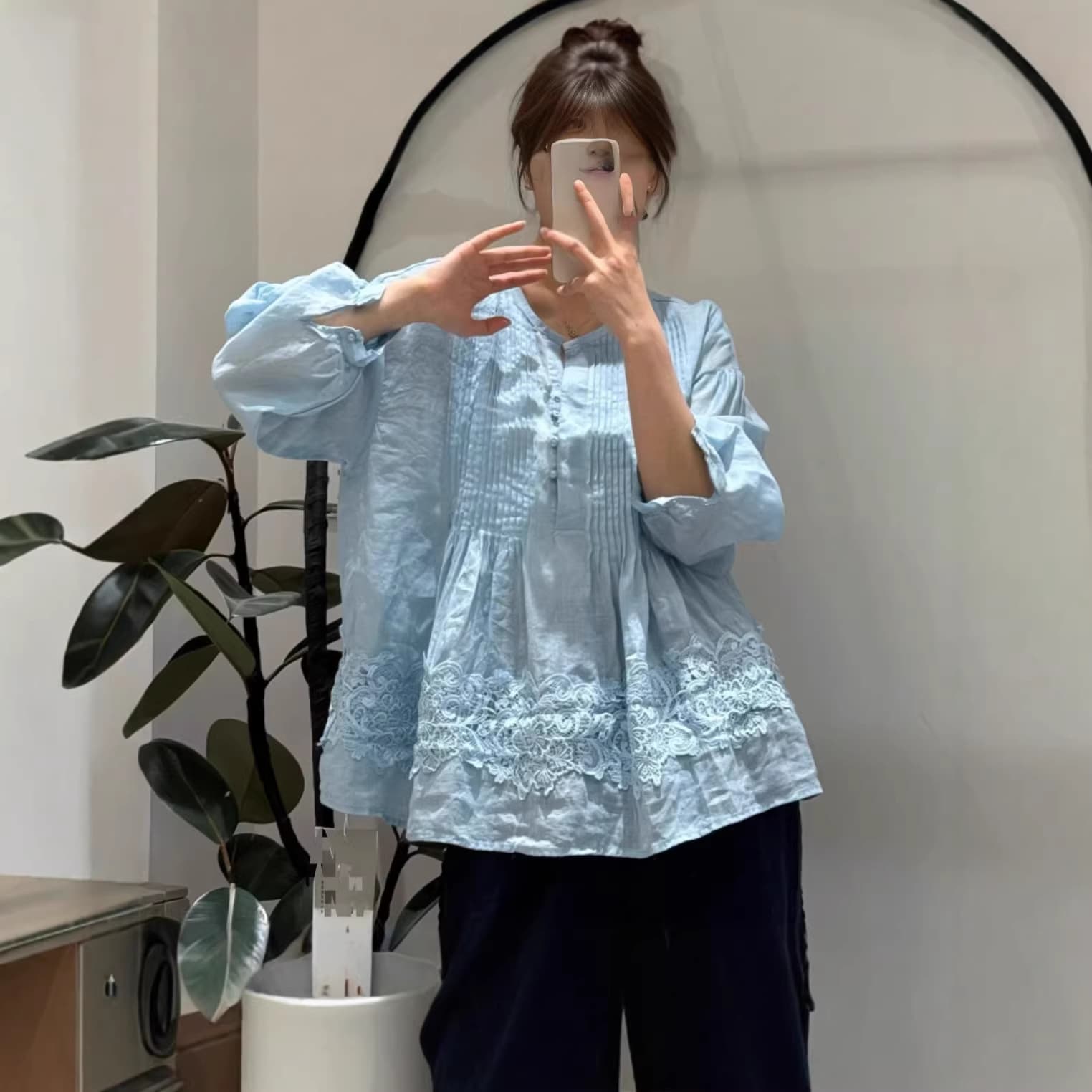 Spring new style artistic retro European fashion loose casual pullover ramie lace shirt
