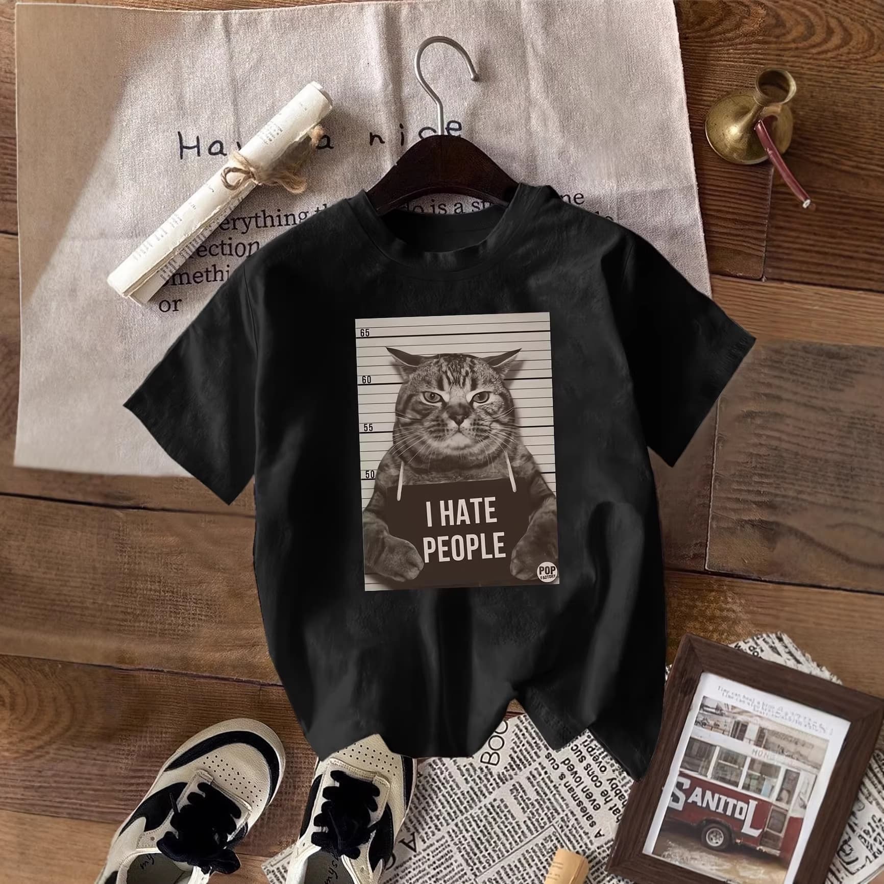 Cross-border Amazon retro funny cat print short-sleeved casual shirt fun I HATE PEOPLE top T-shirt