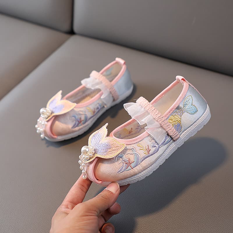 Hanfu shoes for girls, spring style, ancient Beijing cloth shoes, baby gradient color mermaid performance children's embroidery