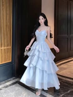 French Blue Glossy Slip Cake Dress Women Birthday Party Dress Waist Slimming Beach Vacation Maxi Dress