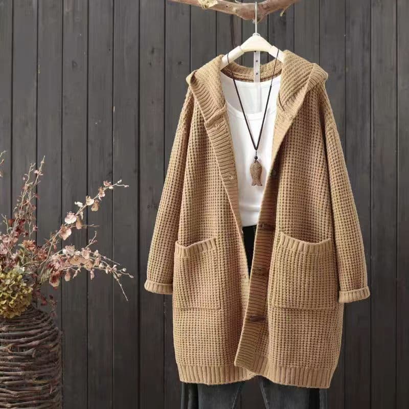 New Autumn/Winter Loose Hooded Knitted Cardigan for Women, Solid Color Versatile Long Sweater, Fashionable Casual Coat