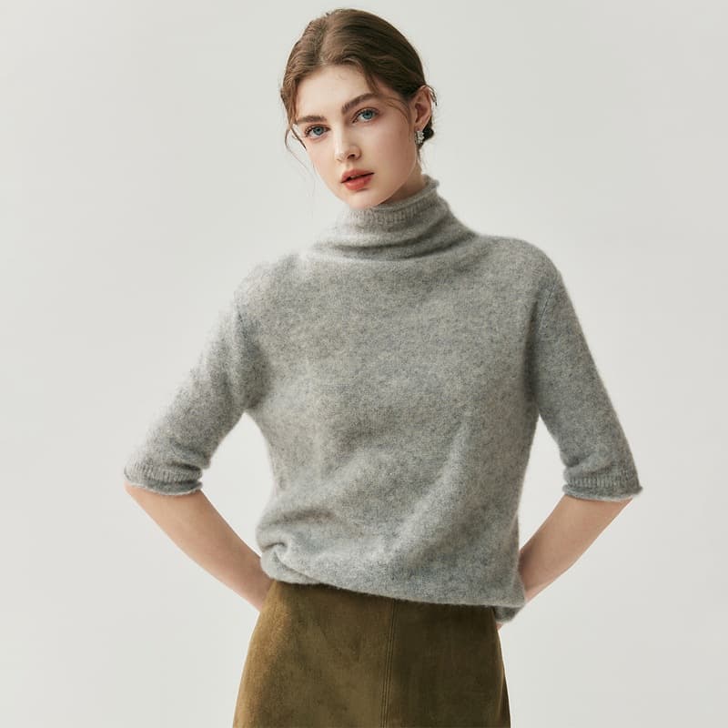 2025 Autumn/Winter Herbalife Cashmere Sweater for Women, High Neck, Rolled Hem, Half Sleeve Knitted Base Sweater, Quarter Sleeve