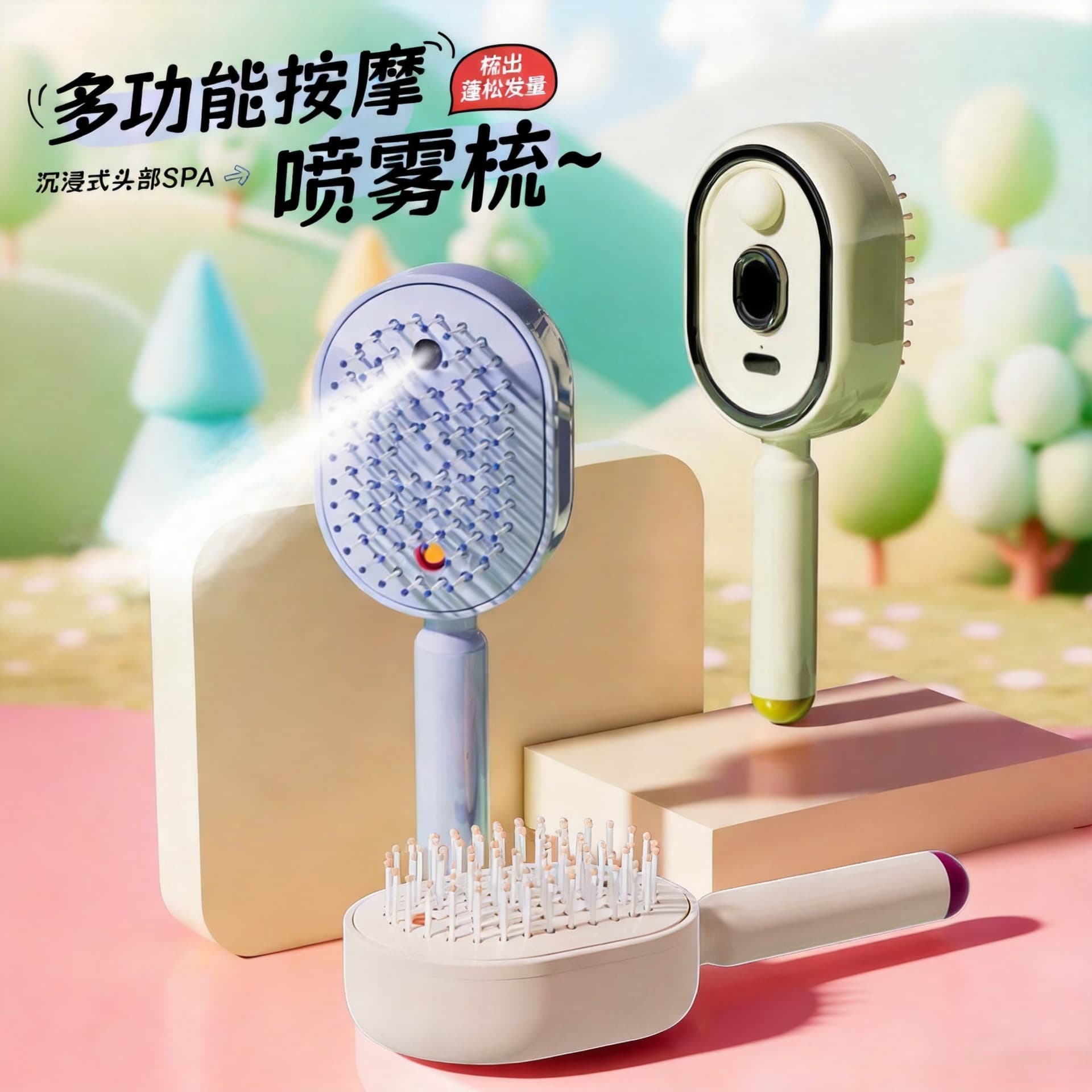 Electric Spray Air Cushion Massage Comb, Essential Oil Atomizing Hair Care Comb, Self-Cleaning Anti-Static Tangle-Free Volumizing Comb