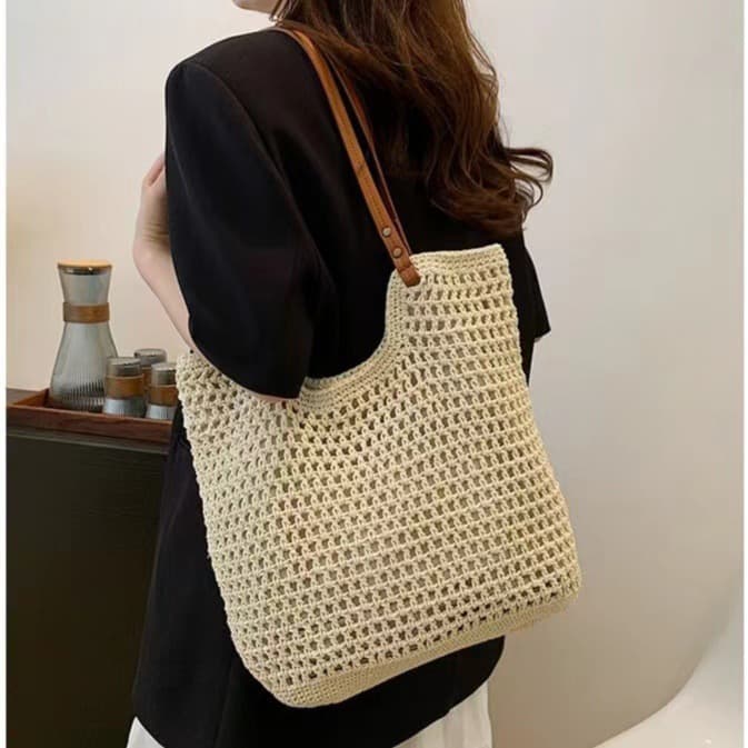 Summer Woven Bag 2024 New Style Cut Out One-Shoulder Cotton Thread Forest Style Seaside Satchel Tote Bag Shopping Bag for Women