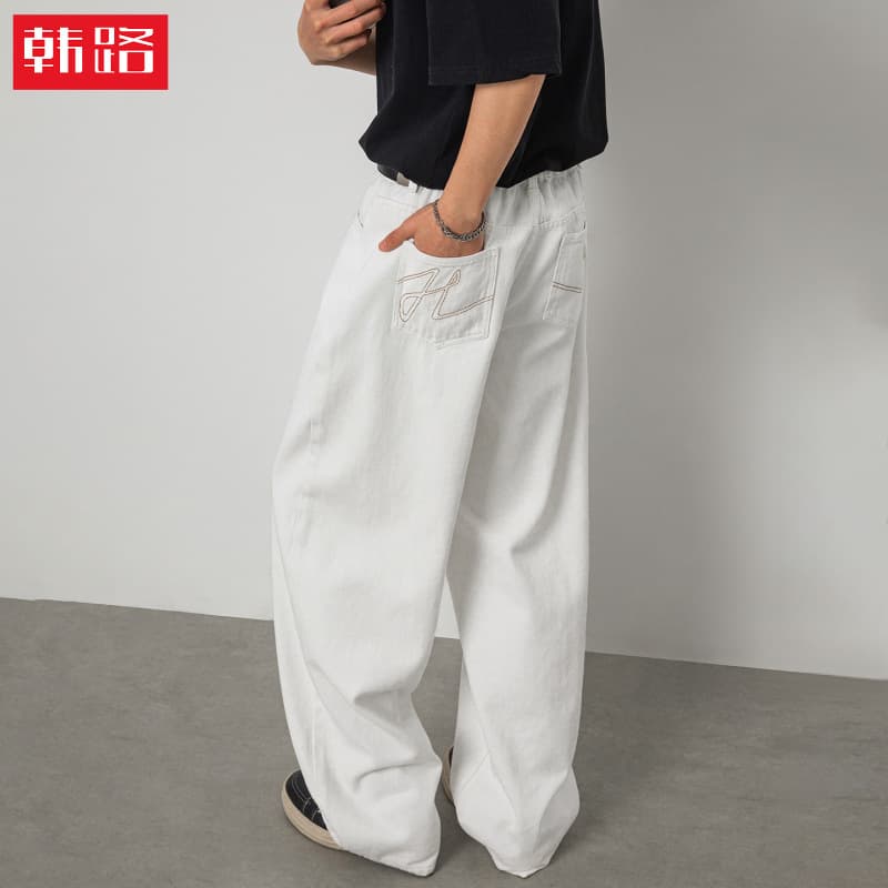 Back pocket contrast embroidered straight jeans for men, spring fashion brand American high street retro loose casual long pants