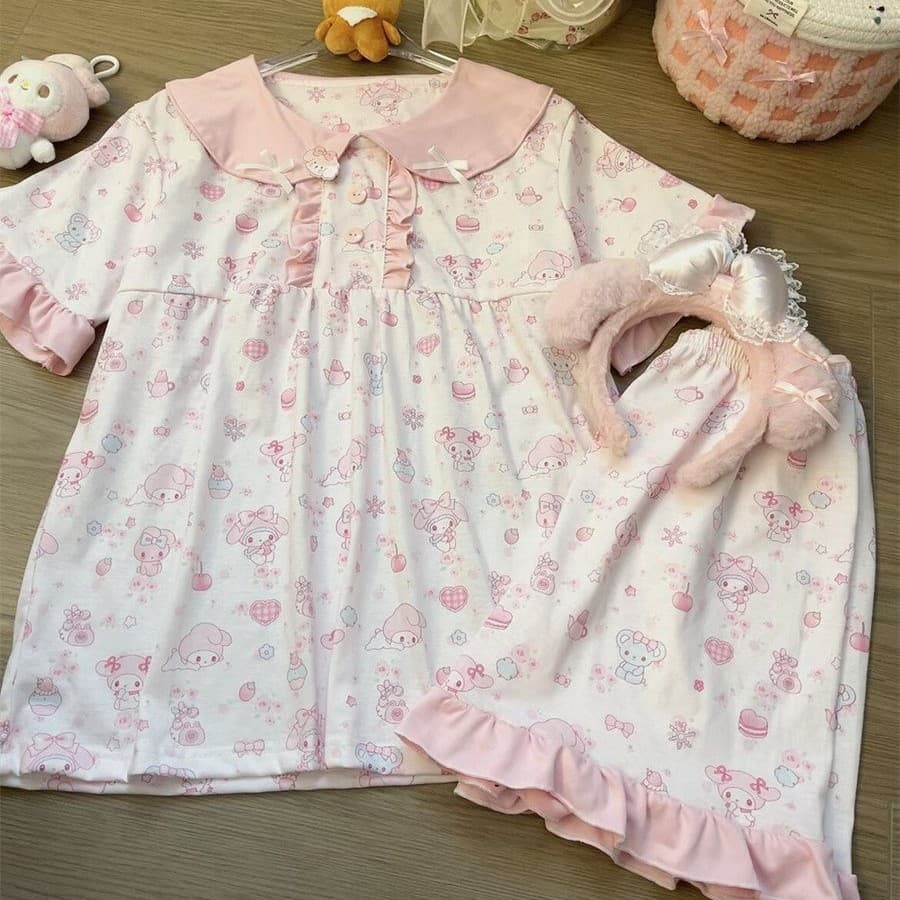 2026 Summer New Full-Print Pink Melody Pajama Set for Women Short Sleeve Shorts Doll Collar Two-Piece Loungewear