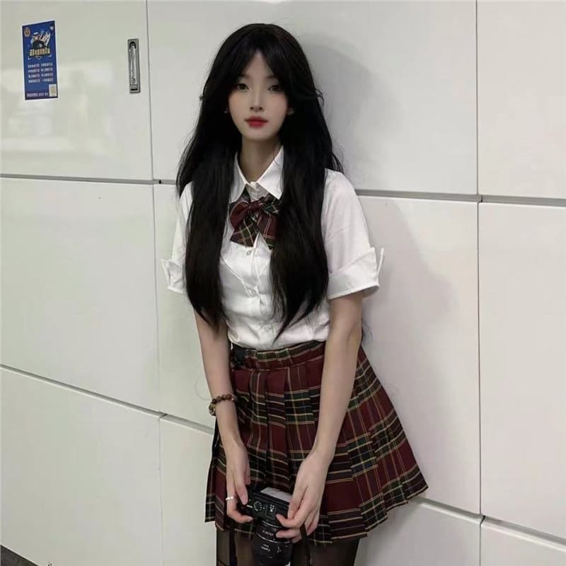 Sweet Japanese original college style pure desire waist slim short-sleeved white shirt women's pleated skirt jk uniform suit
