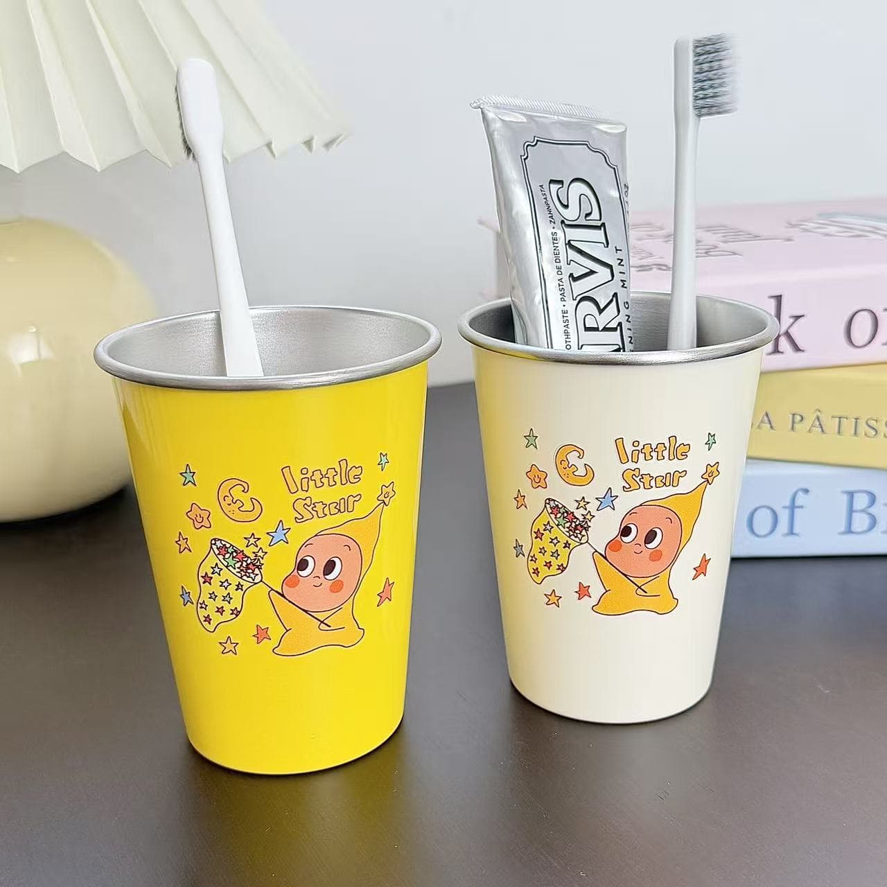 Cute Yellow Star 304 Stainless Steel Rinsing Cup Couple Home High-Face Cartoon Mouthwash Cup Toothbrush Holder