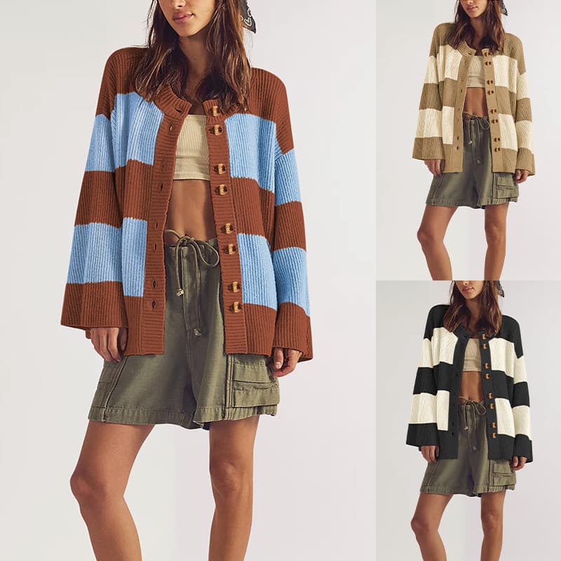 New 2026 Fall/Winter Export Cross-Border Amazon Europe/US Source Factory Patchwork Striped Sweater Long-Sleeve Coat for Women