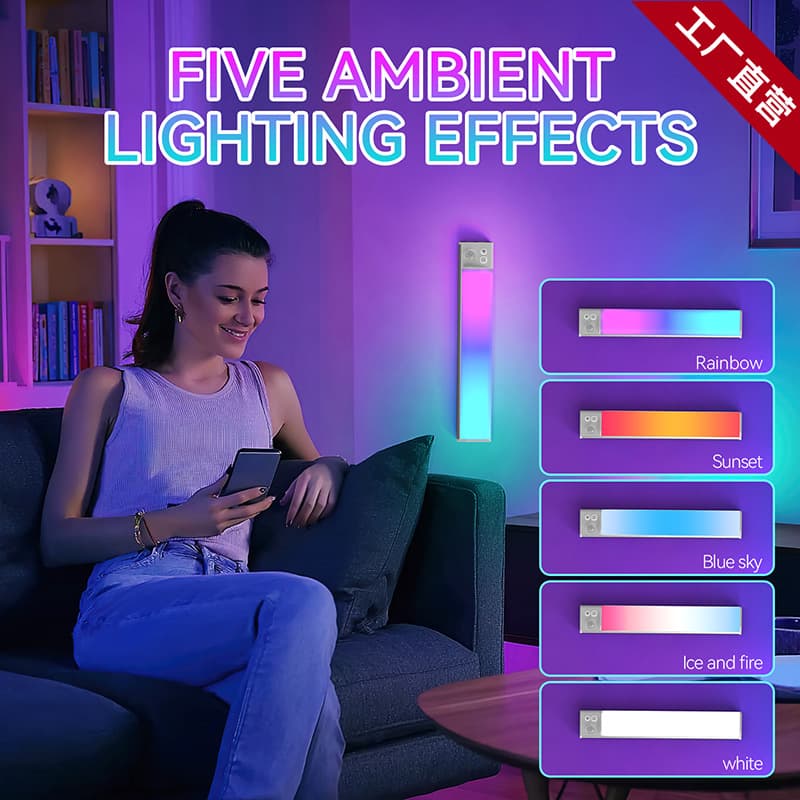 Ultra-thin smart colorful RGB sensor lamp that lights up when someone comes in. Bedside wardrobe magnetic cabinet lamp. Ambient night light.