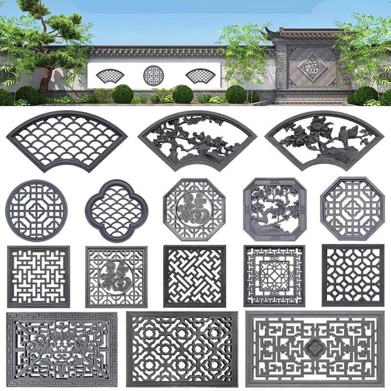 Antique hollow brick carving cement window grille fan-shaped square Chinese-style courtyard hollow window flower exterior wall decorative window hanging ornament