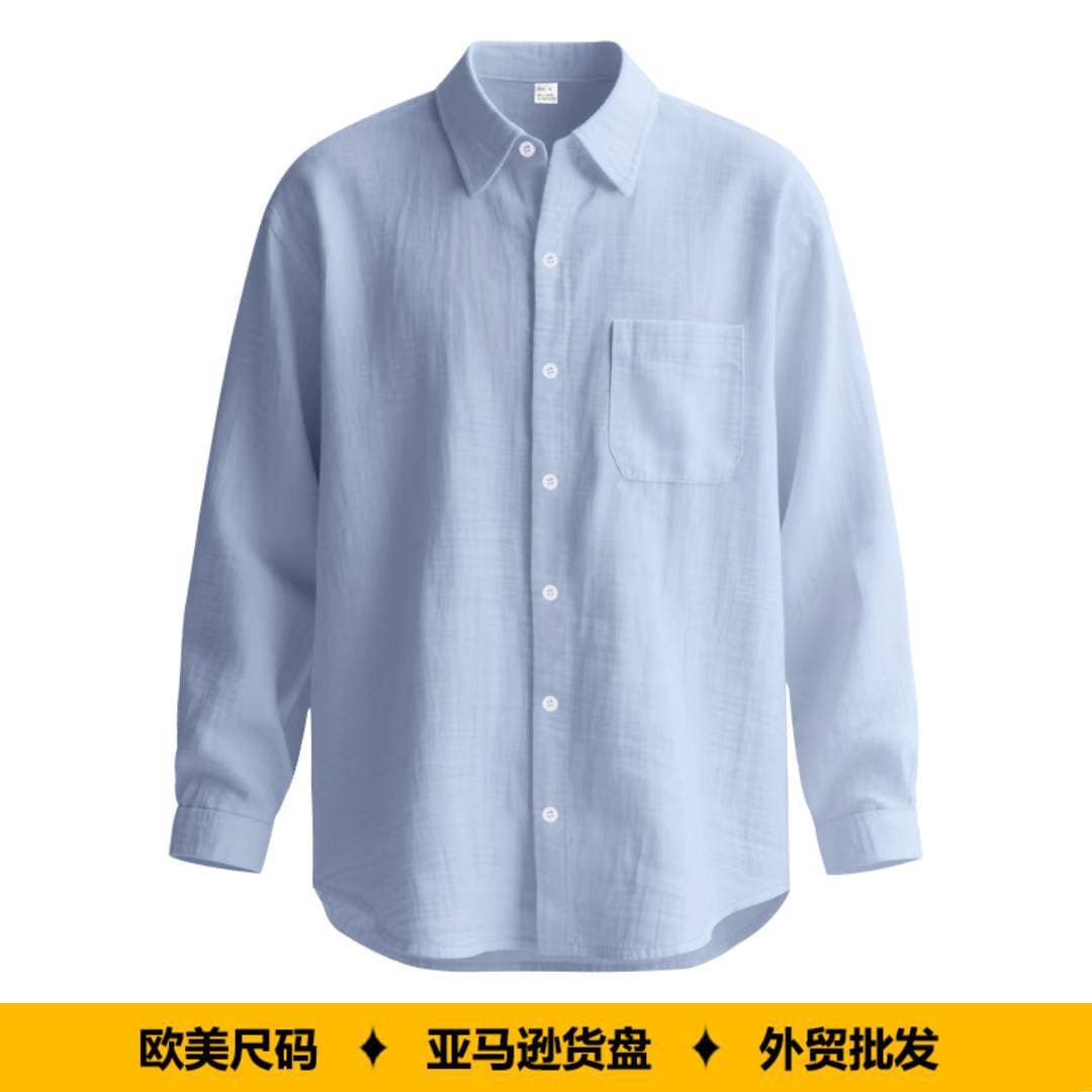 European and American Men's Spring and Autumn Solid Color Cotton and Linen Turn-Down Collar Long-Sleeve Breathable Casual Plus-Size American-Style Amazon Cross-Border Shirt