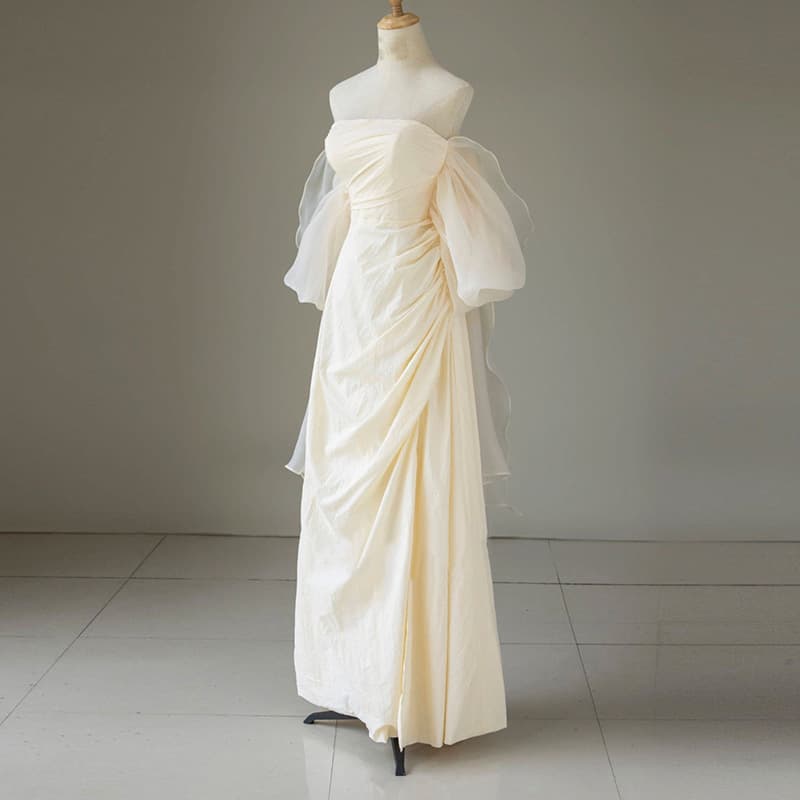 French Style Off-Shoulder Light Wedding Dress Bride Simple Satin Super Fairy Mori Style Outdoor Yarn Wedding Party Evening Dress