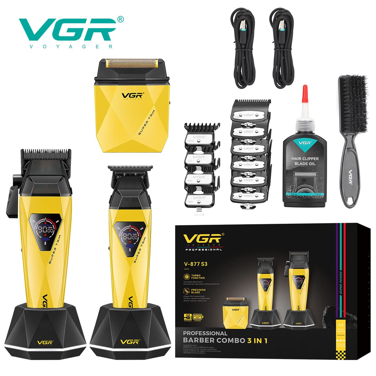 VGR877S3 Cross-Border Special Set Hair Clipper for Men, Hair Trimmer with Whitening Base, Rechargeable Clipper, Sculpting Trimmer