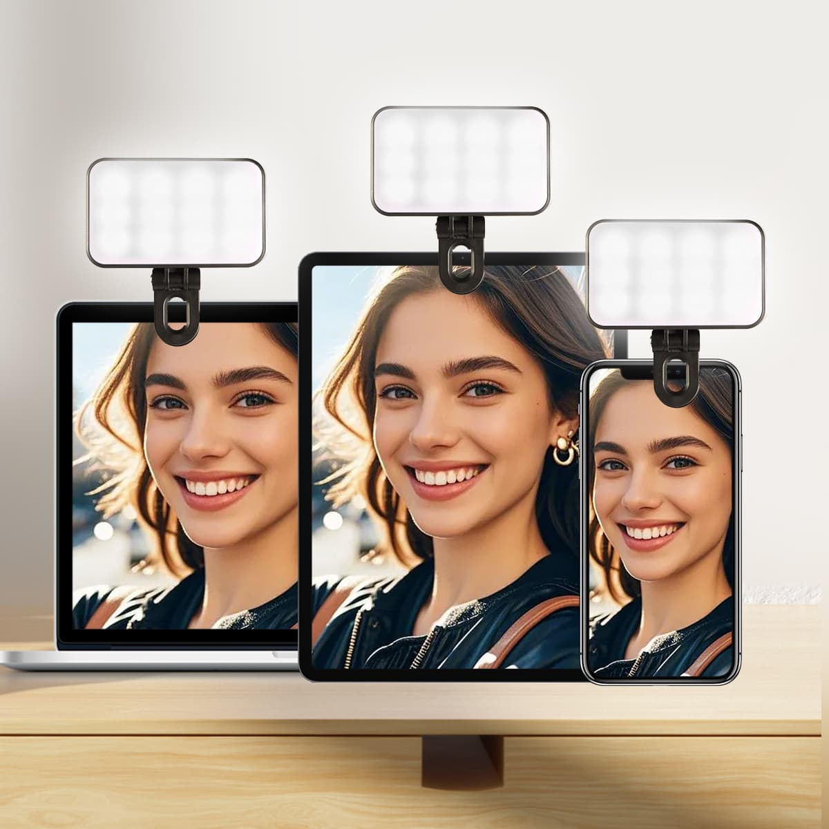 Rotatable LED rechargeable beauty light/flash light for mobile phones and tablets, used for live streaming and video conferencing.