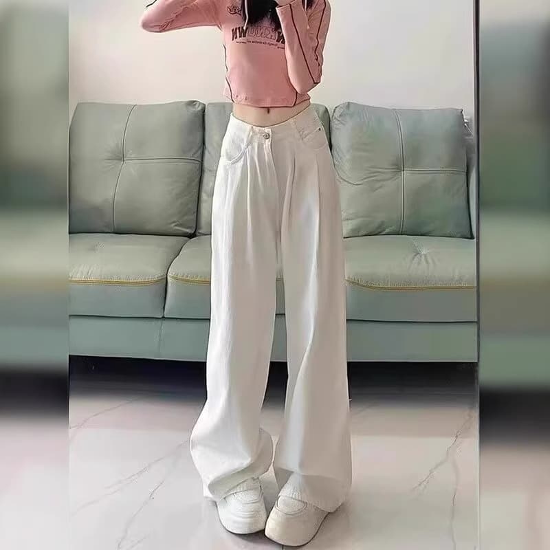 White pleated wide-leg jeans for women in spring and autumn new high-waist slimming loose straight straight floor-length trousers