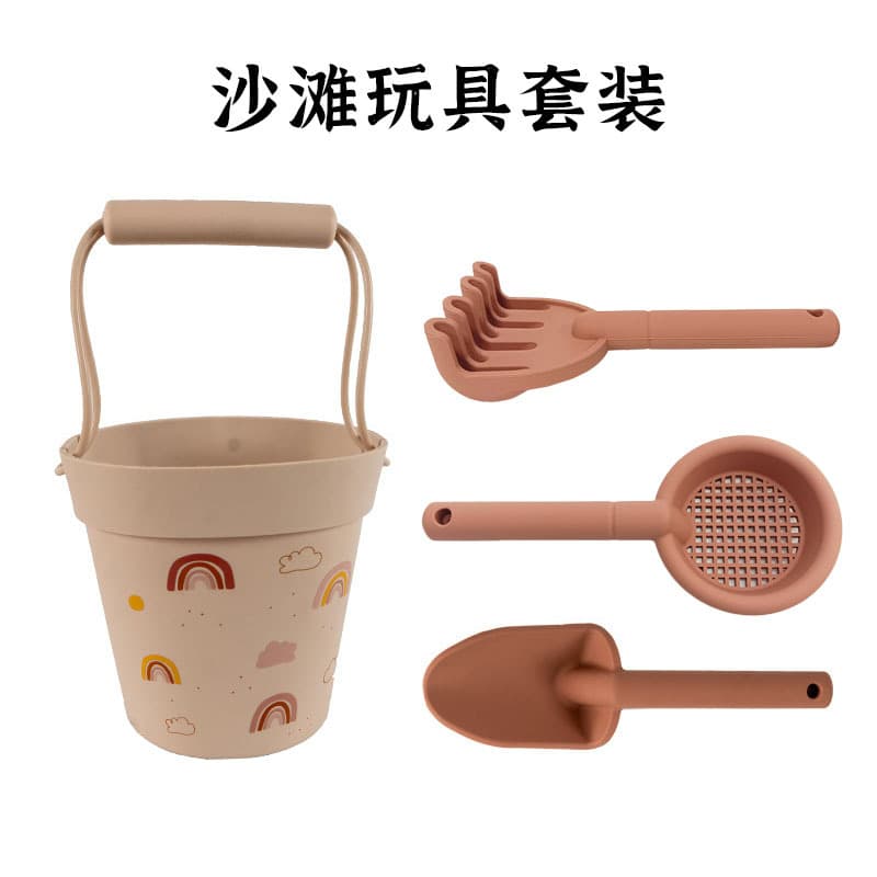 Cross-border Silicone Beach Toy Set with Carry Bucket, Parent-Child Water Play Sand Shovel Tools, Wholesale Beach Bucket