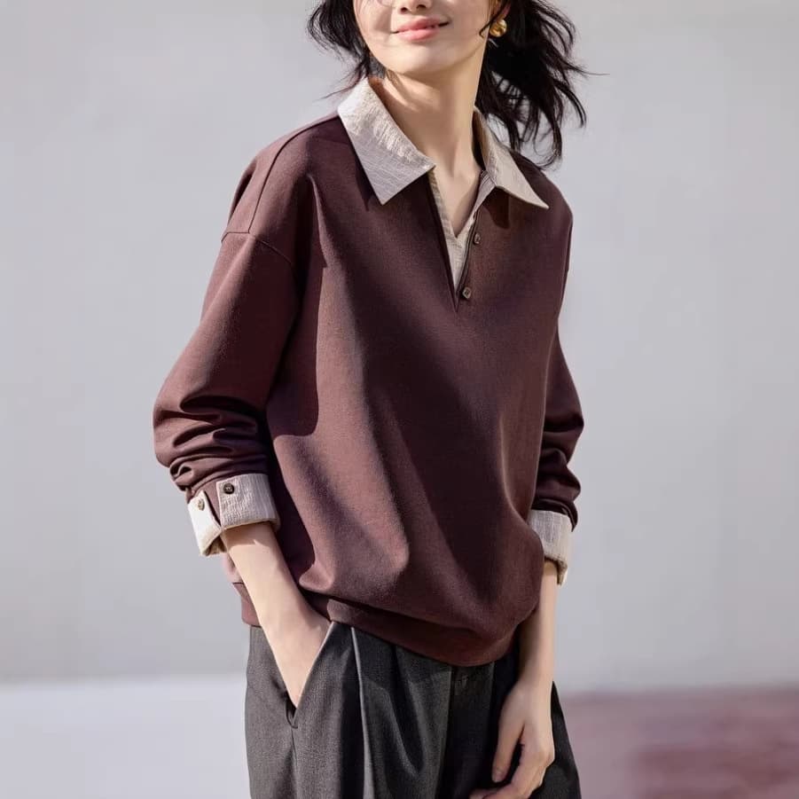 2026 Spring New Modern Fashion Stripe Patchwork Faux Two-Piece Design Turn-Down Collar Loose Top Sweatshirt for Women