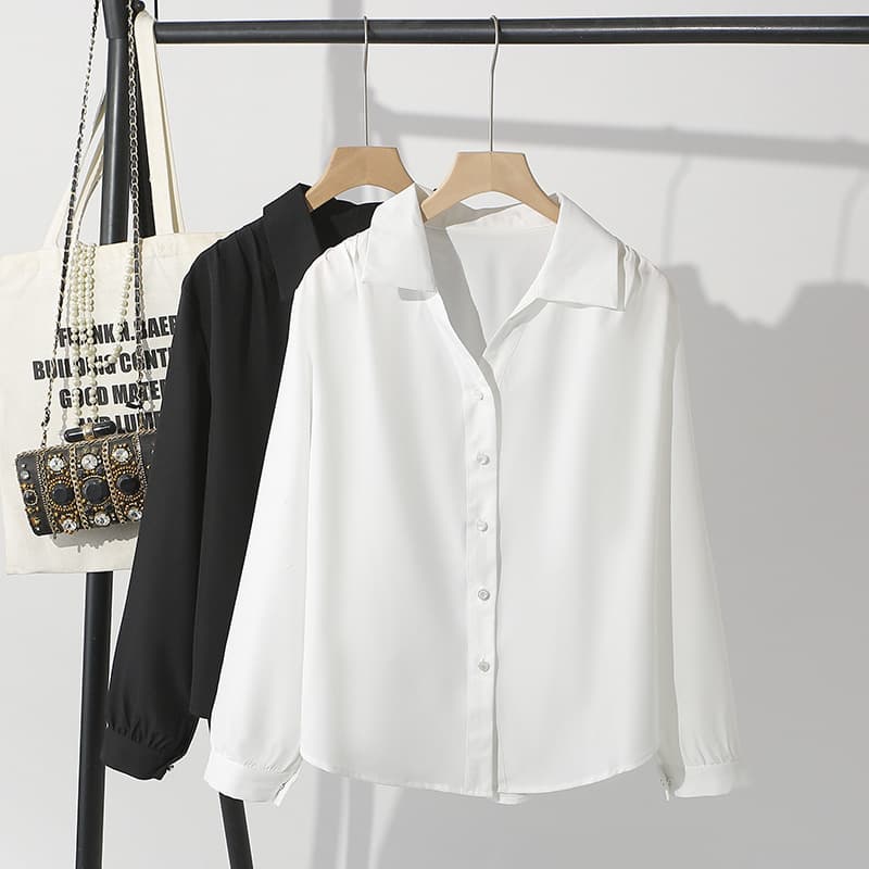 2025 spring new temperament shirt long-sleeved plus size women's black and white shirt simple fat girl half open collar cardigan 6608