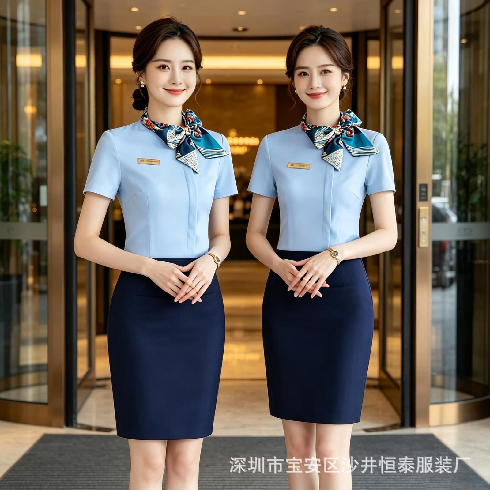 Hotel Front Desk Work Shirt Short-Sleeve Scarf Tie Bow Tie Blouse Restaurant Uniform Flight Attendant Uniform Summer