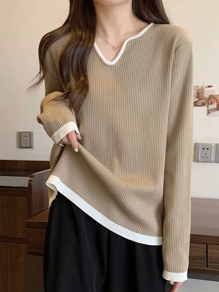 Ribbed long-sleeved base shirt for women, spring, autumn and winter, new style, loose fit, slimming, plus size, mid-length top.