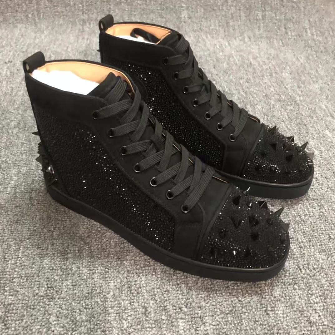 European Station CL Black Velvet Suede High-Top Full Stud Unisex Shoes Diamond Shoes Rivet Shoes Red Sole Shoes Fashion Trendy Versatile Shoes