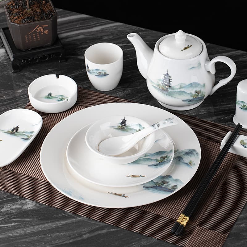 Star hotel restaurant bone plate fin bowl three-piece set hotel restaurant bowl Chinese landscape painting table ceramic tableware