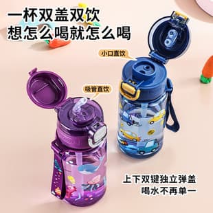 New Summer Kids Water Bottle with Dual Drinking Straws, Cute Cartoon Design for School, Heat-Resistant