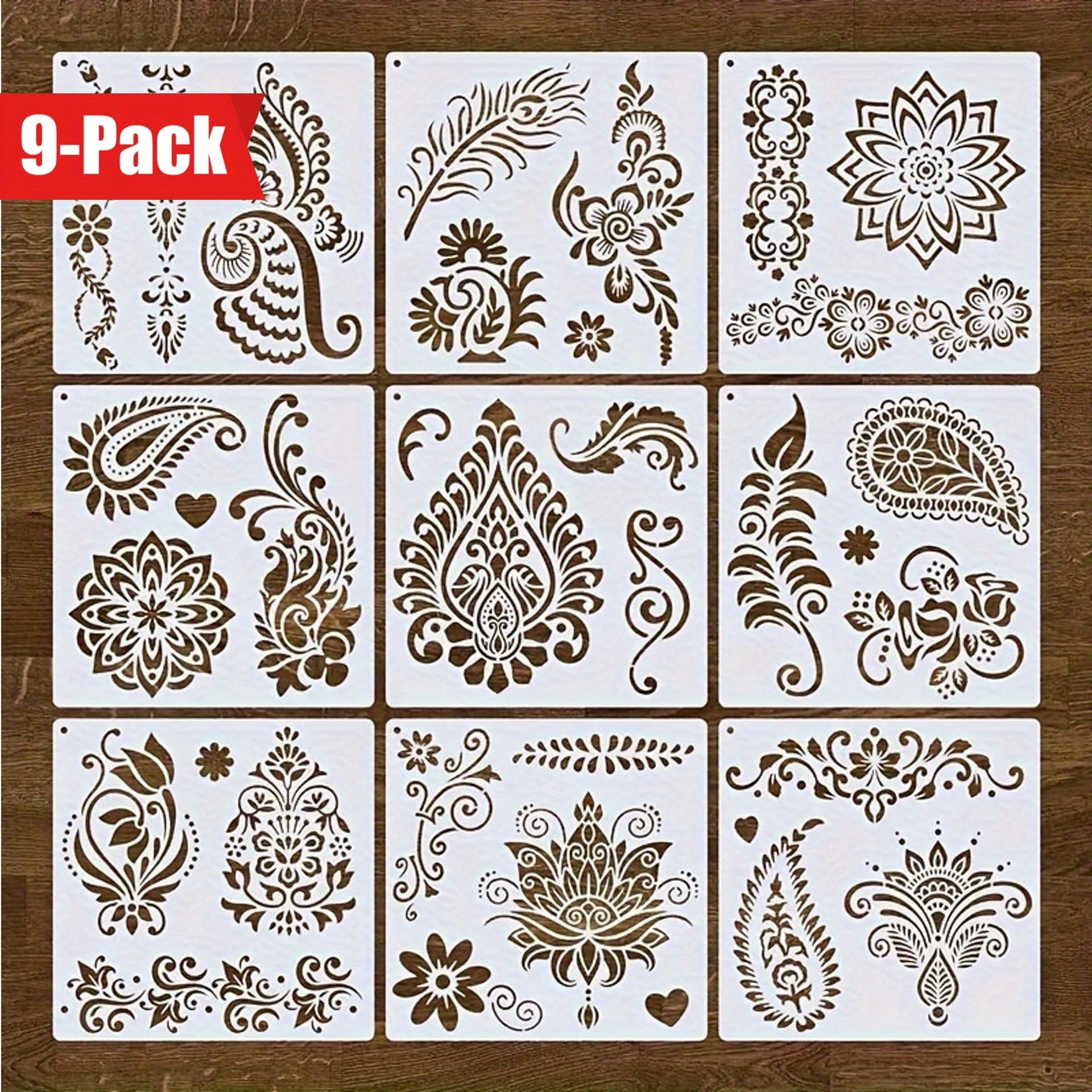9 Mandala Stencils 7.9x7.9 Inches Lace Floral Pattern Temporary Tattoo Stencils Reusable