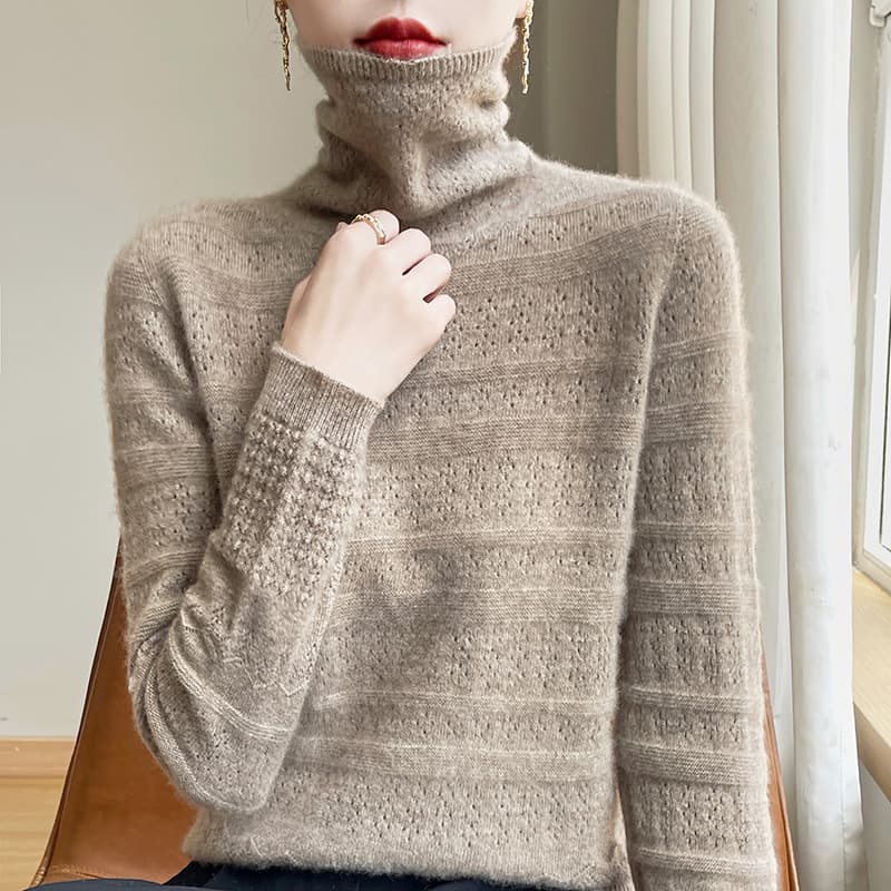 Spring and Autumn Women's Knit Sweater Seamless Mock Neck Pullover One-Piece Yarn Hollow Out Base Layer Cross-Border Wholesale