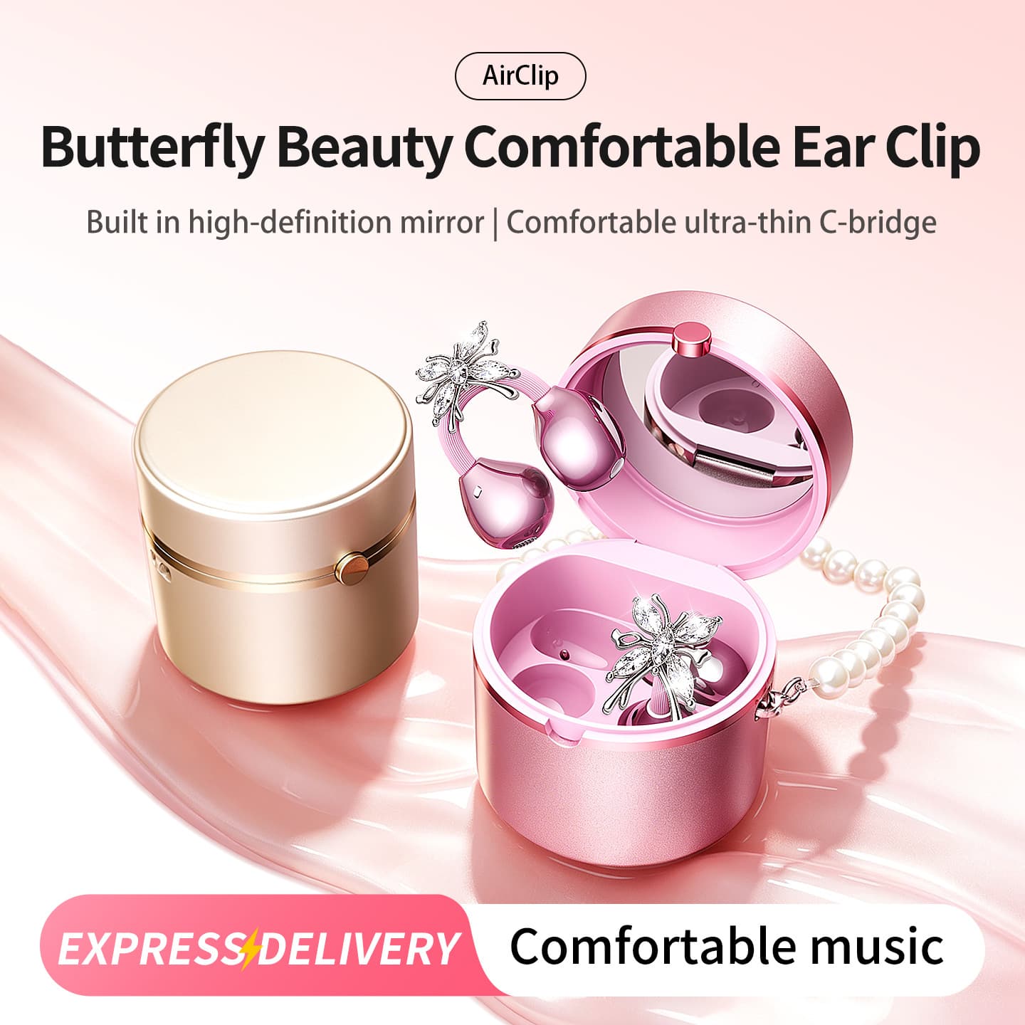 2026 new product M197 cross-border popular clip-on ear-shaped pearl chain private model wireless Bluetooth headset with cosmetic mirror