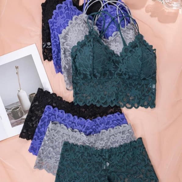 Cross-border French Bra Set Women Sexy Backless Hollow Lace Trim Wirefree Bra and Panty 2-Piece Set