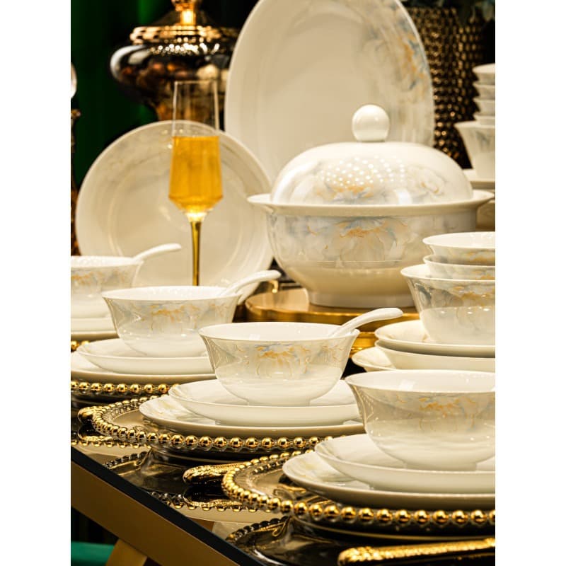 Jingdezhen Underglaze Color Bowl and Plate Set, High-End White Porcelain Dinnerware, Light Luxury Bowl and Chopstick Combination, Housewarming Gift