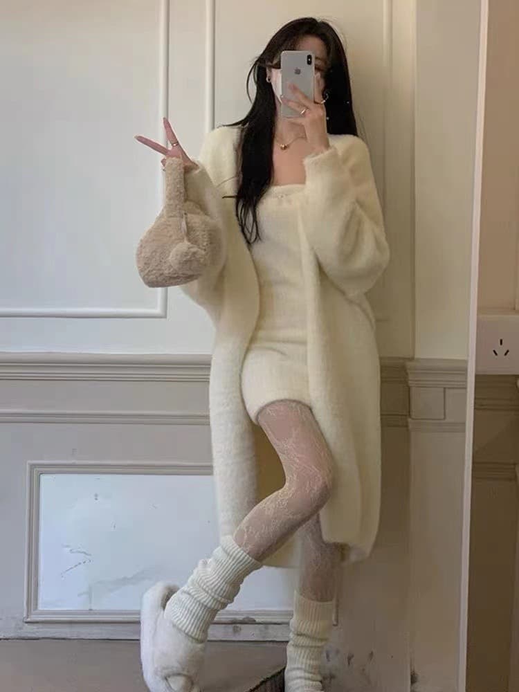 2025 Autumn Winter Lazy Loose Knee-Length Mid-Length Thickened Pure Faux Mink Velvet Knitted Sweater Cardigan Jacket for Women