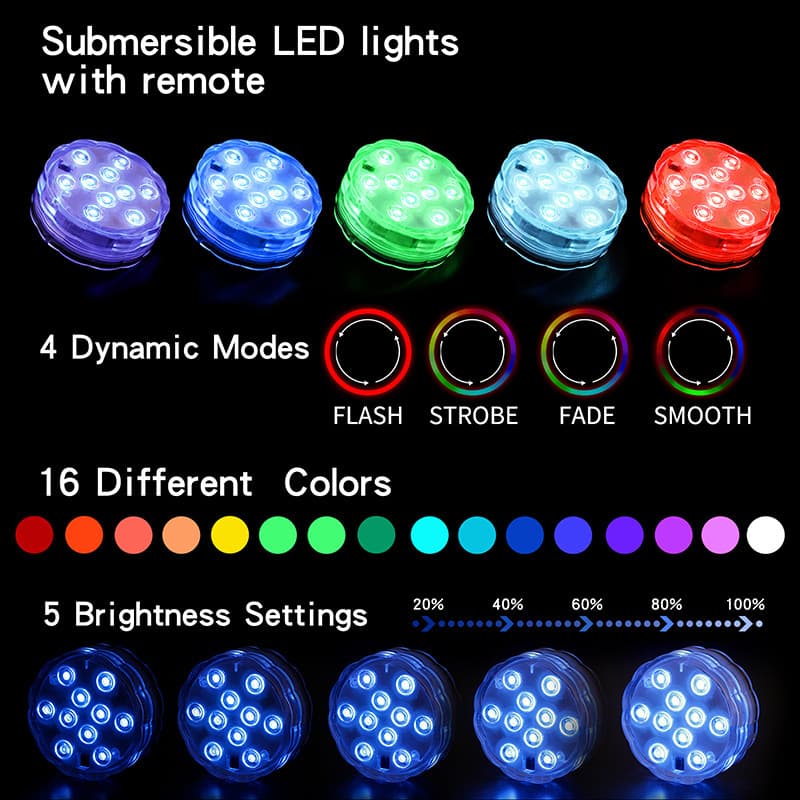 LED Remote Control Underwater Light, 7-Color/16-Color Changing, Waterproof with Suction Cup and Magnet, Aquarium Fish Tank Light, Pool Light