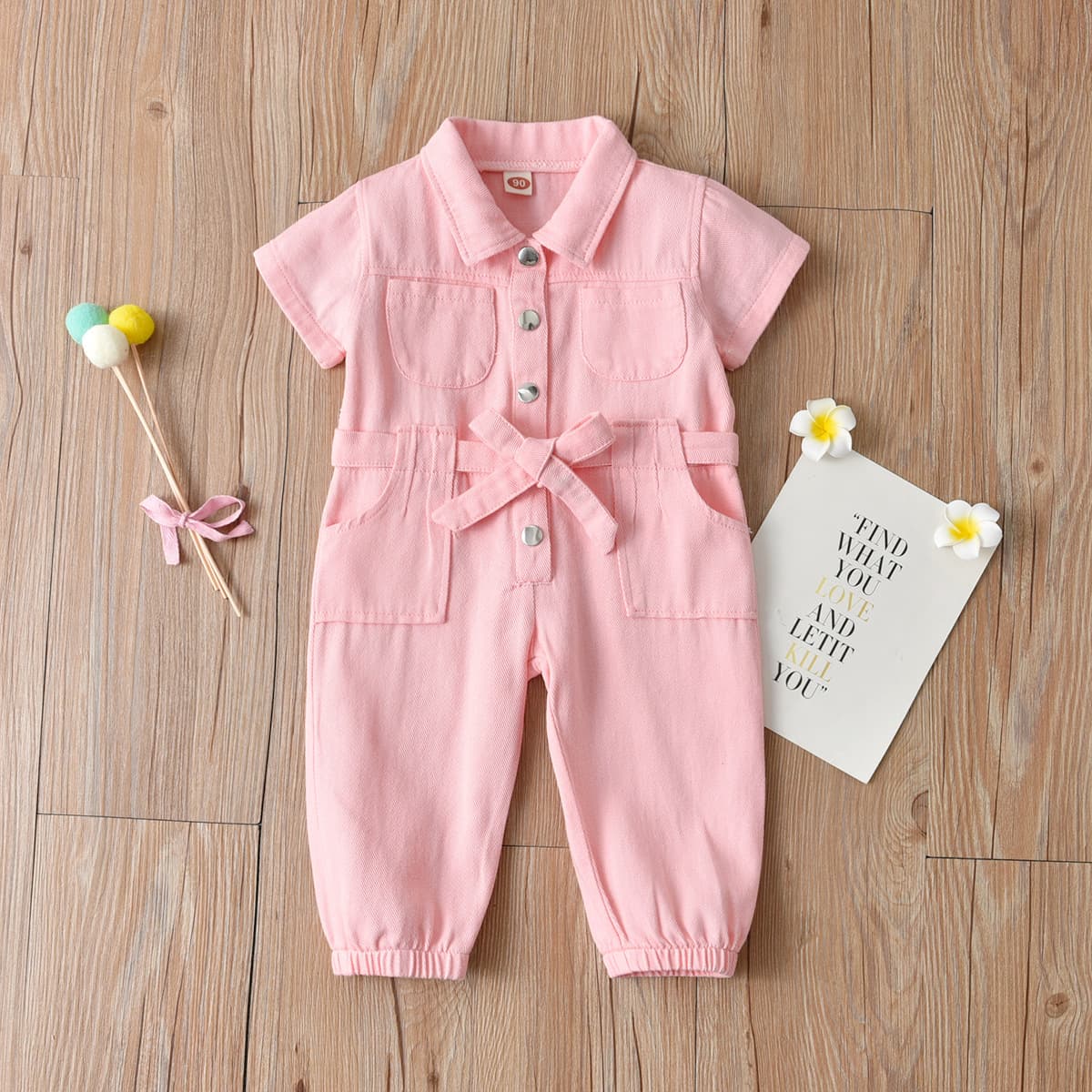 Children's Summer Export Pink Denim Romper for Girls, Short Sleeve Lapel Jumpsuit