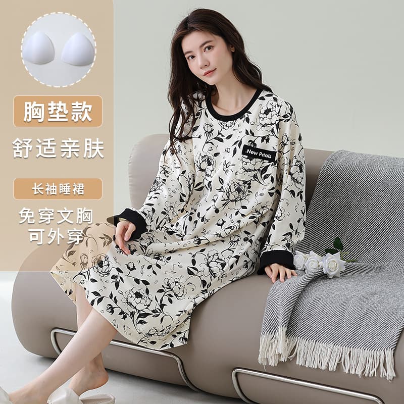 New Mid-Length Skirt for Women with Padded Round Neck, Long Sleeves, Large Size 40-105kg, Can Be Worn as a Home Dress or Nightgown