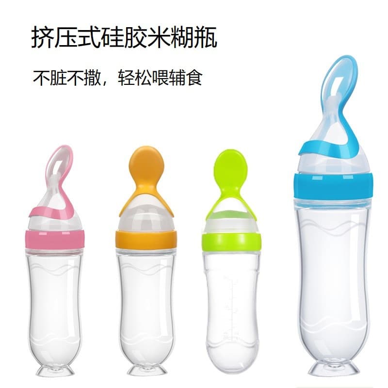 Baby Rice Cereal Bottle, Training Silicone Bottle with Squeeze Spoon, Children's Complementary Food Bottle, Rice Cereal Spoon with Soft Silicone Tip