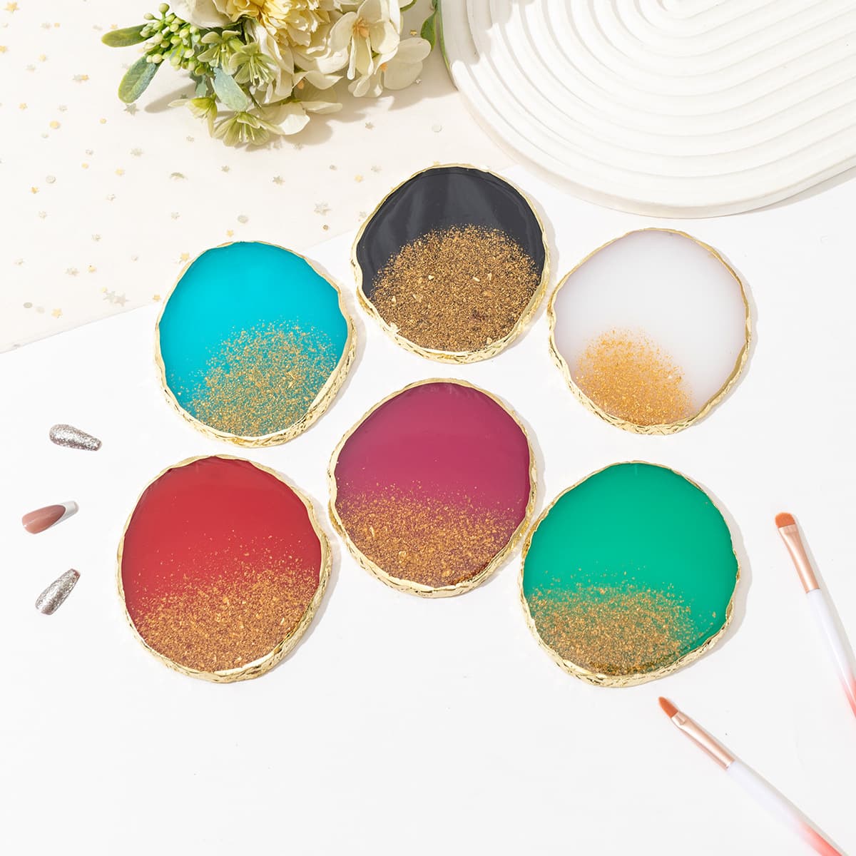 Round gold foil streamer resin nail art palette resin imitation natural agate nail art display board nail art palette