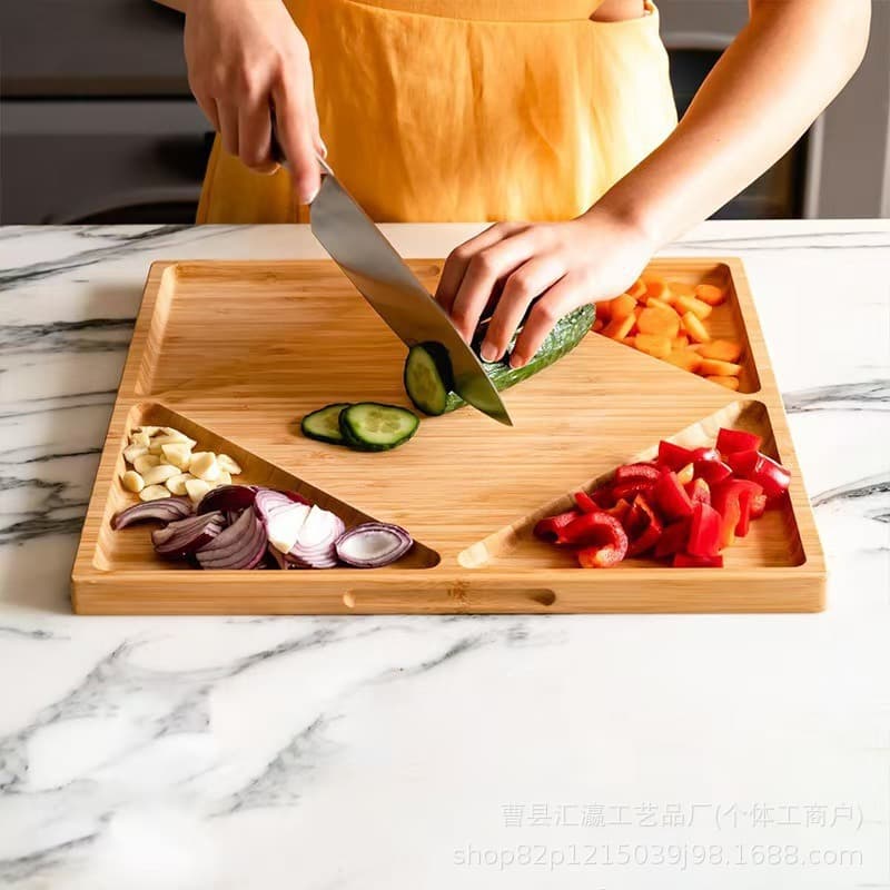 In stock, ready to ship. Bamboo four-compartment storage tray, kitchen cutting board for vegetables, fruits, and fried chicken; double-sided use.