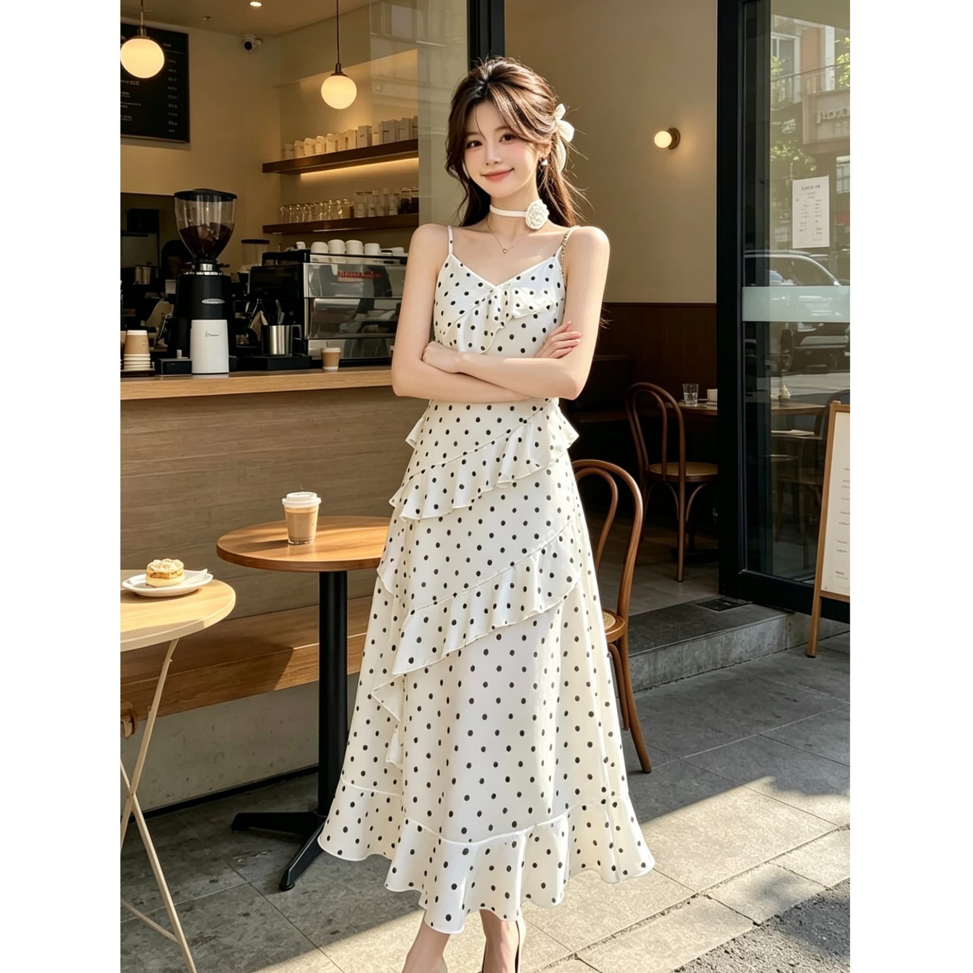 New product Amazon European and American polka dot suspender dress women's design waist slimming French ruffle long skirt